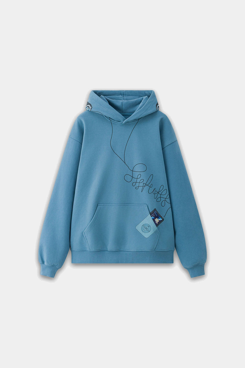 Blue Classic Headphone Hoodie laid flat, with a looping headphone-cord line running down the front to an MP3 player patch above the pocket
