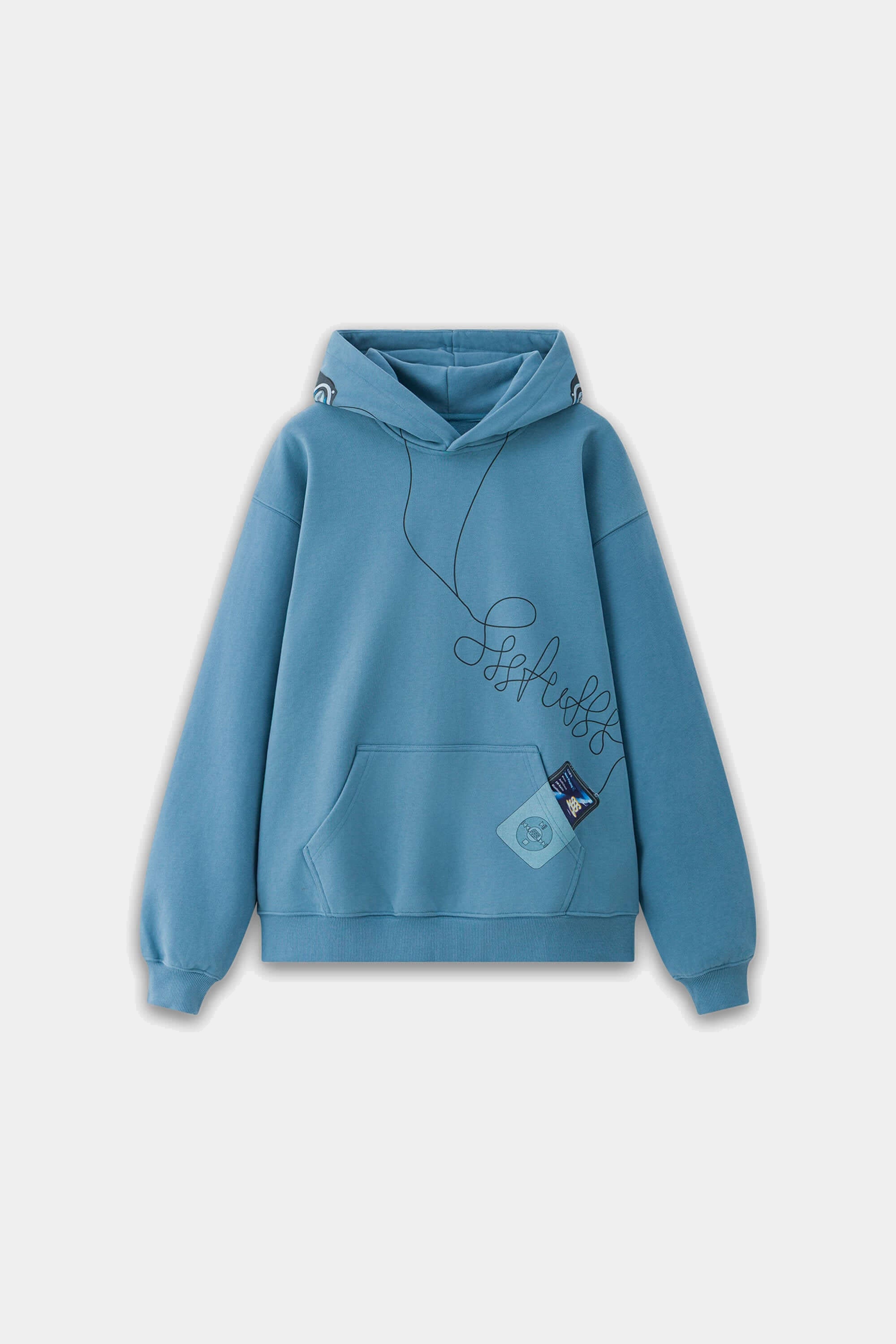 Blue Classic Headphone Hoodie laid flat, with a looping headphone-cord line running down the front to an MP3 player patch above the pocket