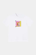 White t-shirt with a pink and yellow missing-cat flyer patch on the chest, printed with an orange tabby
