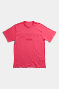 Coral red t-shirt laid flat with tonal embossed SSSTUFFF EST 2018 college lettering across the chest