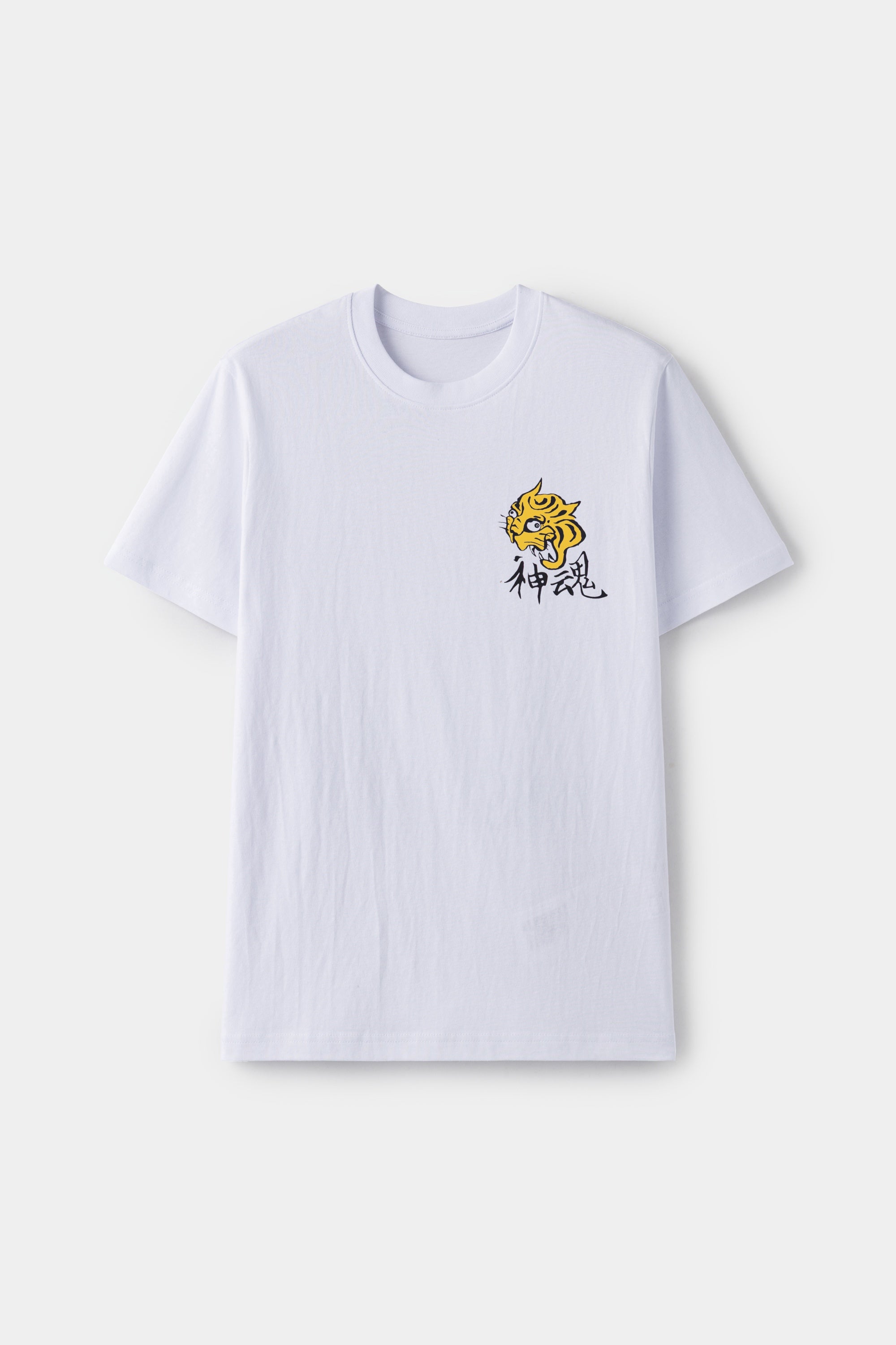 White t-shirt with a graphic design on a light gray background