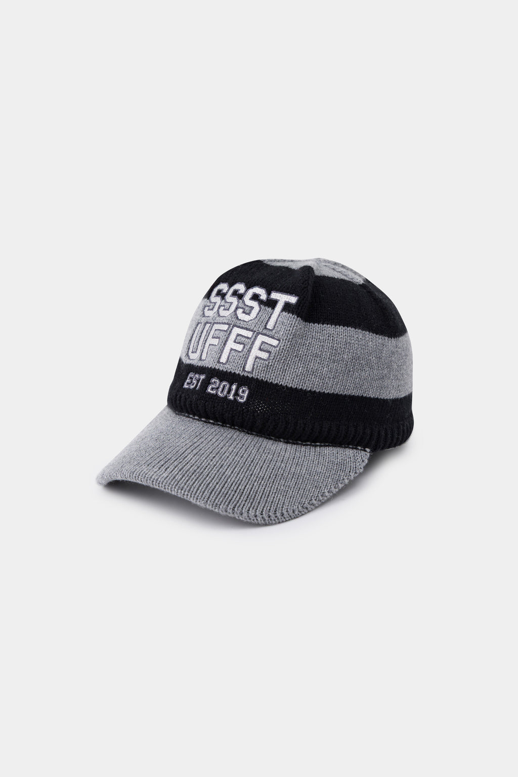 Striped Knitted Cap in black and grey with a knitted brim and embroidered SSSTUFFF EST 2019 varsity lettering.