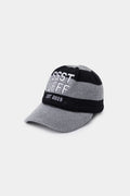 Striped Knitted Cap in black and grey with a knitted brim and embroidered SSSTUFFF EST 2019 varsity lettering.
