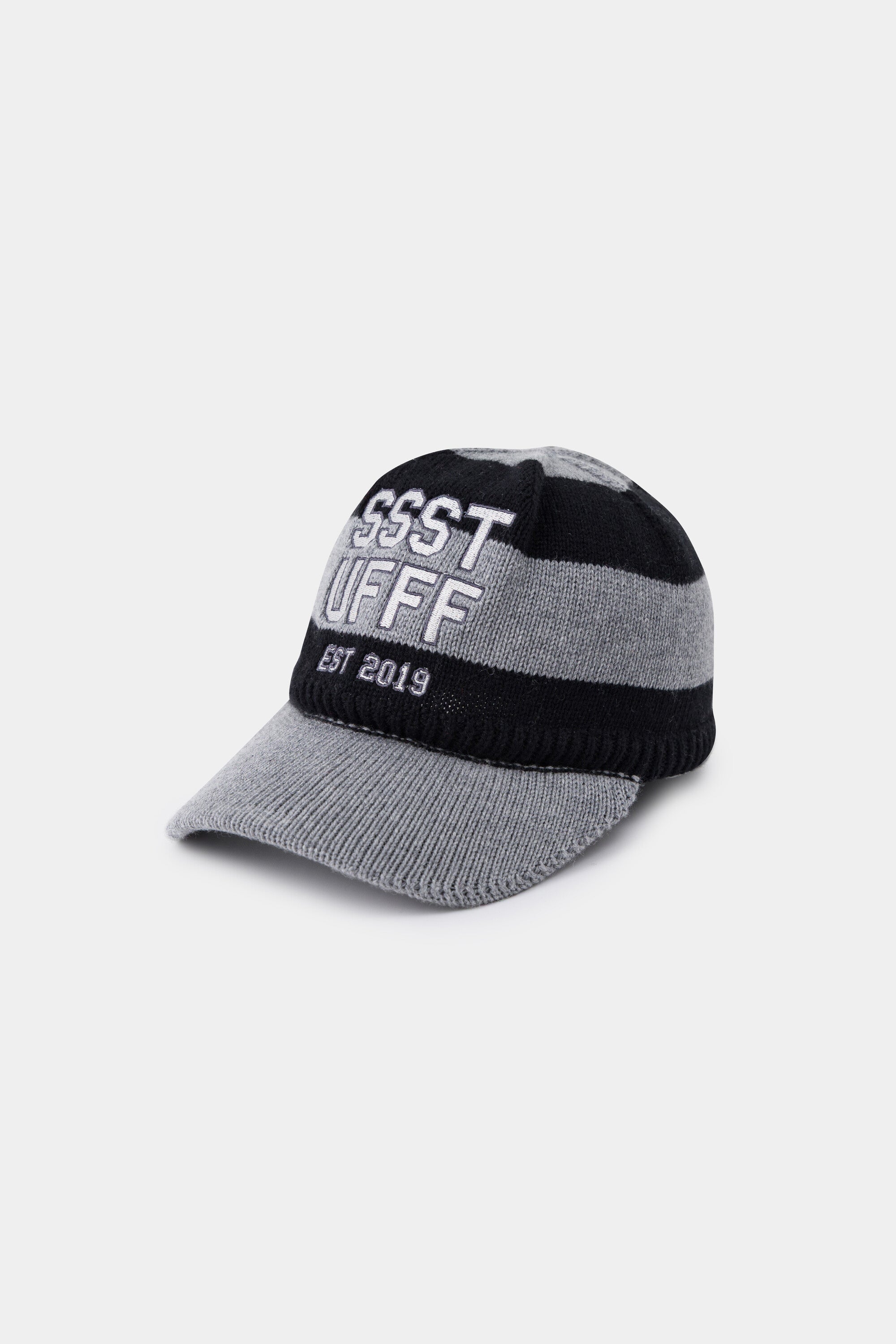 Striped Knitted Cap in black and grey with a knitted brim and embroidered SSSTUFFF EST 2019 varsity lettering.