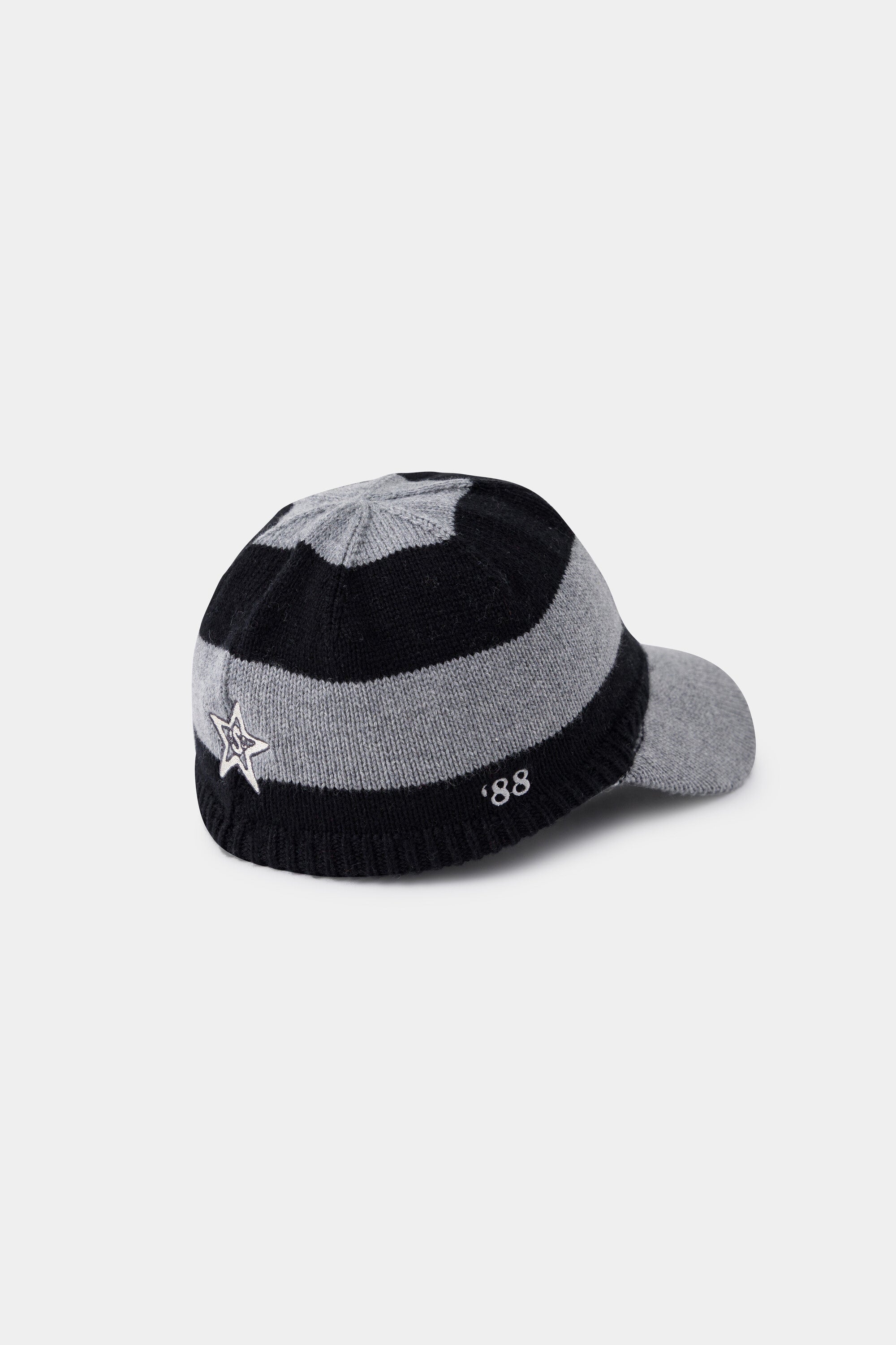 Back view of the Striped Knitted Cap showing the grey star crown panel, side star patch and 88 embroidery.