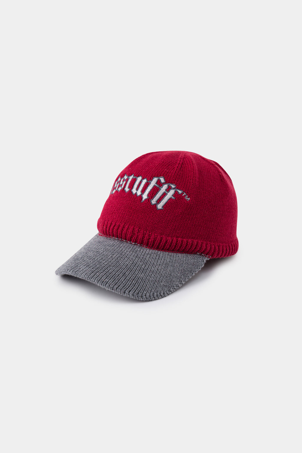 Red Knitted Cap with a contrast grey knitted brim and gothic ssstufff embroidery at the front.