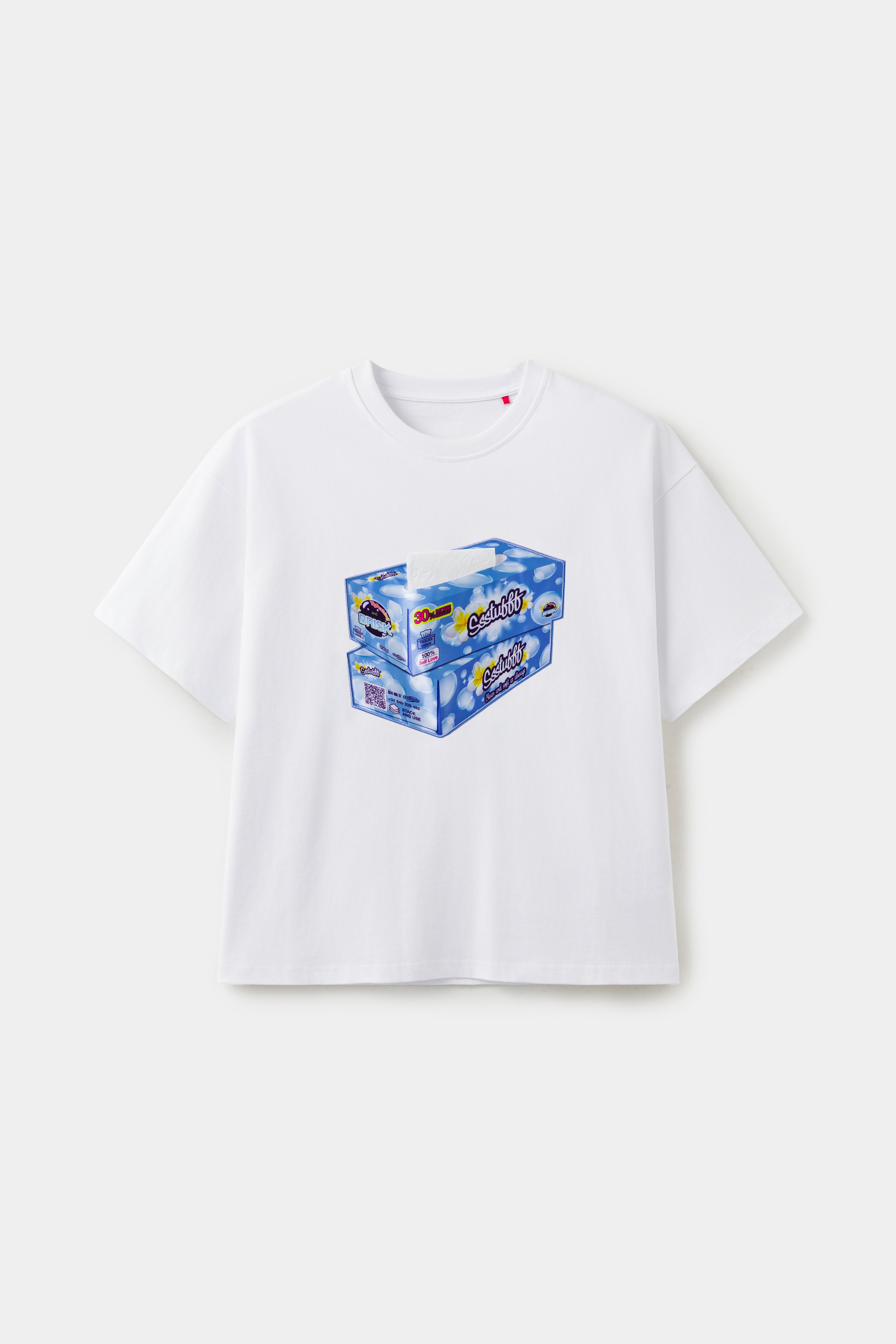 Tissue Paper Box Tee in white, a short-sleeve crewneck with a large blue Ssstufff tissue box print at the chest.