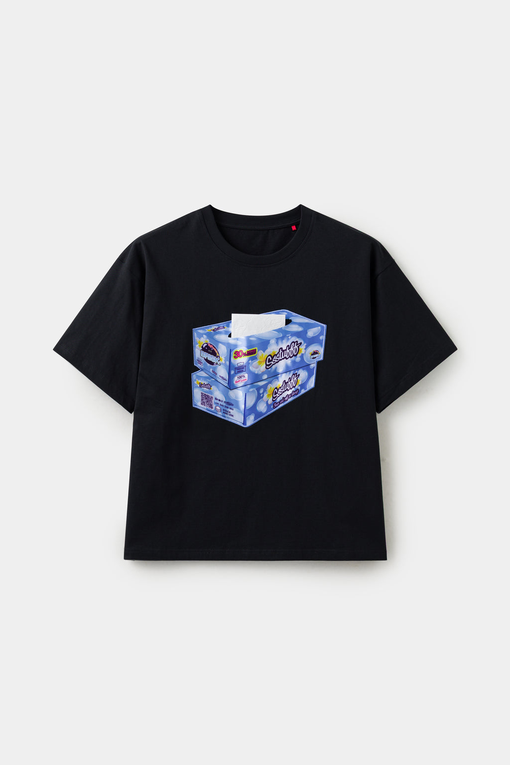 Tissue Paper Box Tee in black, a short-sleeve crewneck with a large blue Ssstufff tissue box print at the chest.