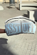 Gray hoodie with 'SSSTUFF' that changed color with UV light
